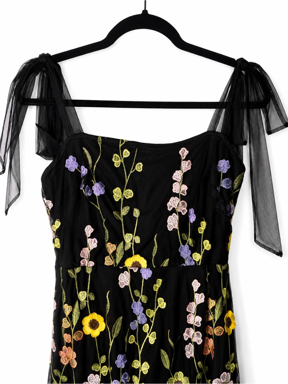 Lulus ✨ Thriving Poise Black 3D Floral Embroidered Tie-Strap Maxi Dress - Picture 4 of 16
